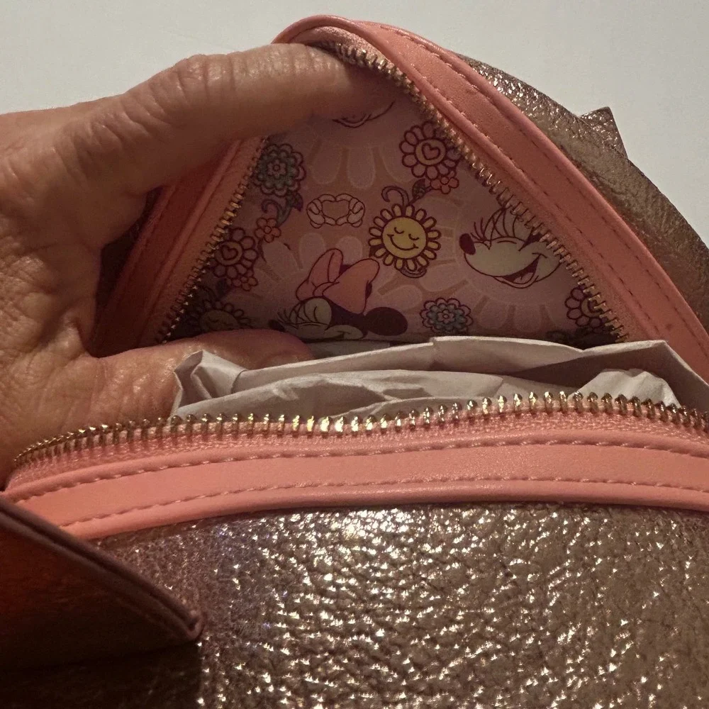Disney Loungefly Minnie Mouse Rose Gold Metallic Mini Backpack with Bow NEW